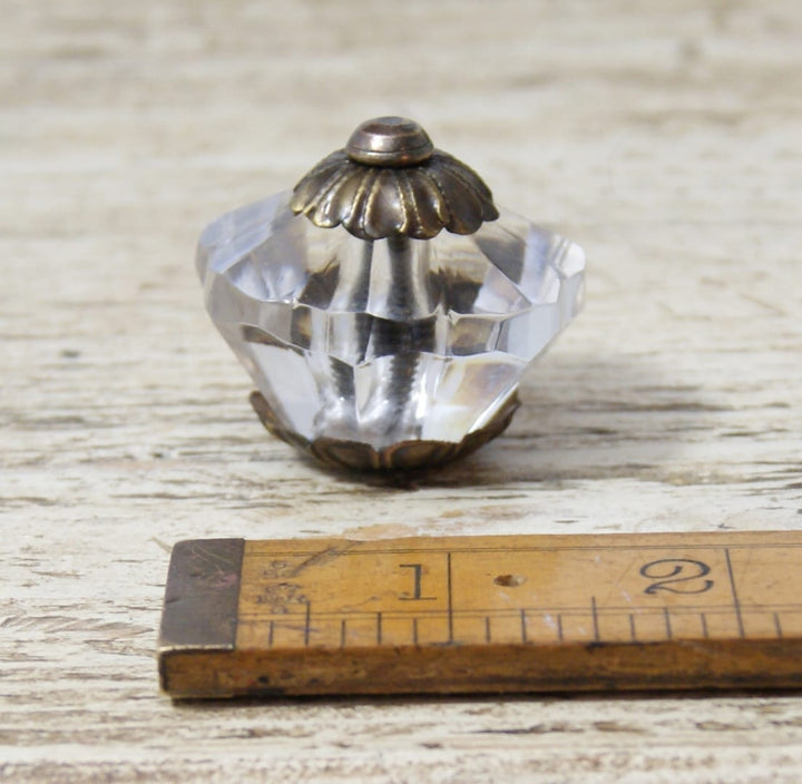 Glass Faceted Cupboard Knob FLOWER Antique Brass Base and Cap