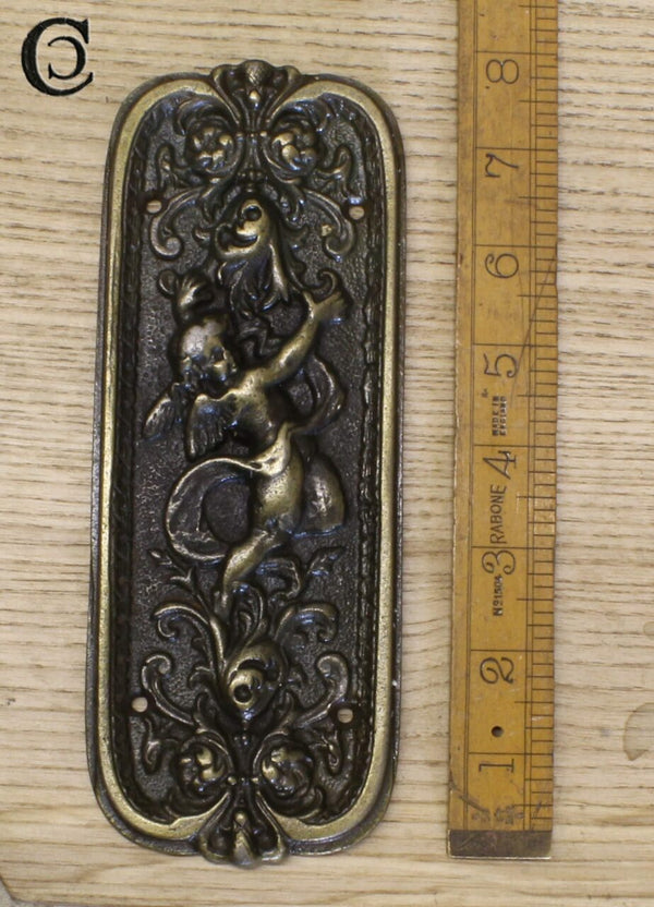 Push Finger Plate CHERUB Ornate Antique Brass 200mm x 80mm