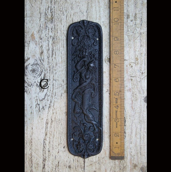 Push Finger Plate FIGURINE design Antique Iron 260mm x 75mm