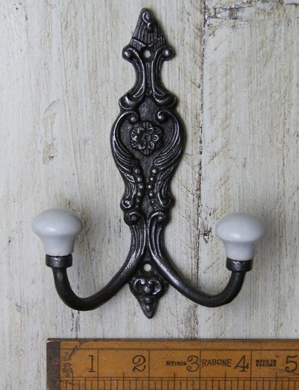 Hat and Coat Hook FRENCH STYLE 2 Ceramic Ball Antique Iron 150mm