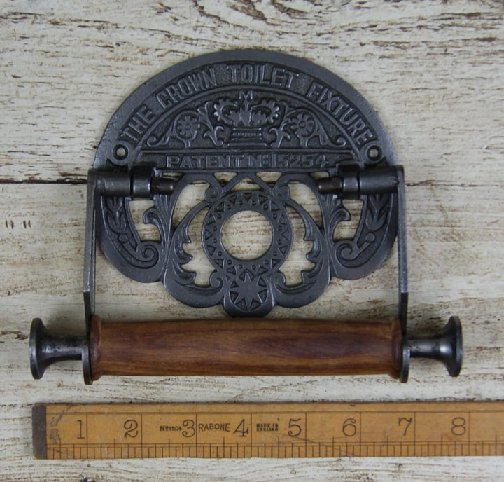 Toilet Roll Holder CROWN Fixture Antique Iron Wood 150mm