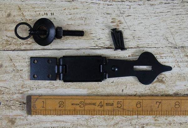 Hasp Staple Spear Head Hinged 3 Part Antique Black 180mm Overall