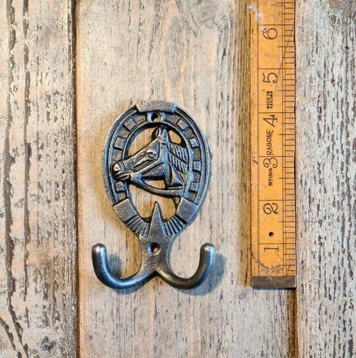 Double Robe Hook STALLION Horseshoe Antique Iron 105mm x 60mm