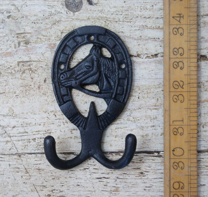 Double Robe Hook STALLION Horseshoe Oil Black 105mm x 60mm