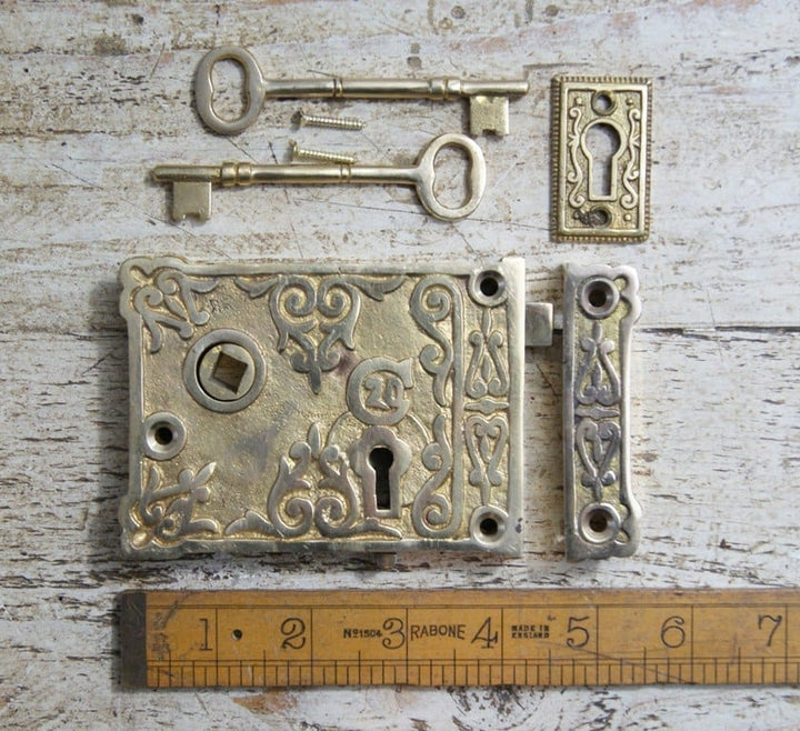 Rim Lock Brass ORNATE Antique Dec c/w Esc Small 75mm x 100mm (16526)