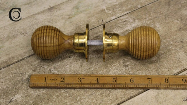 Door Knob Set Beehive Teak / Brass 50mm Diameter