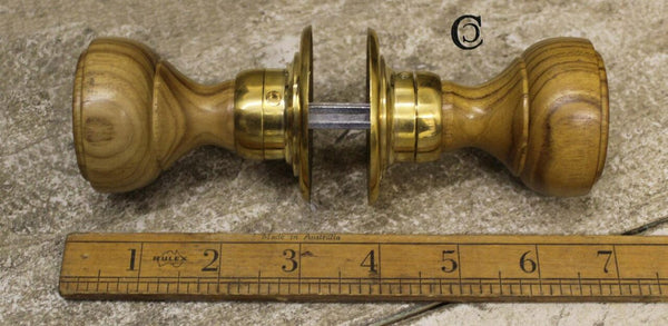 Door Knob Set Flat End Teak / Brass 50mm