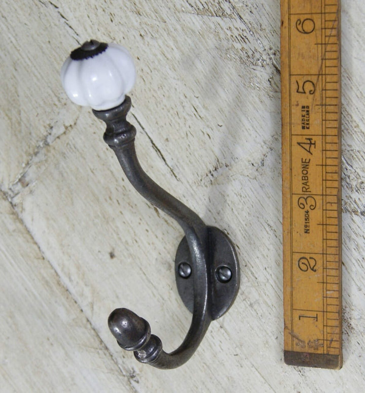 Coat Hook ALBANY Acorn White Ceramic Shell Tip Antique Iron 125mm