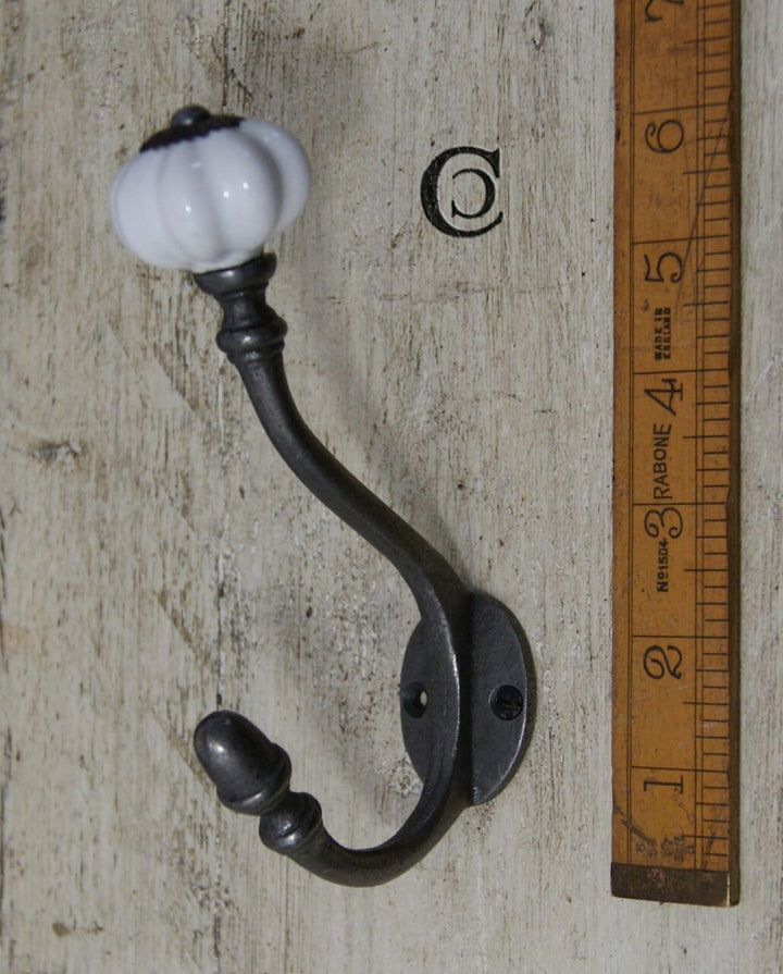 Coat Hook ALBANY Acorn White Ceramic Shell Tip Antique Iron 150mm