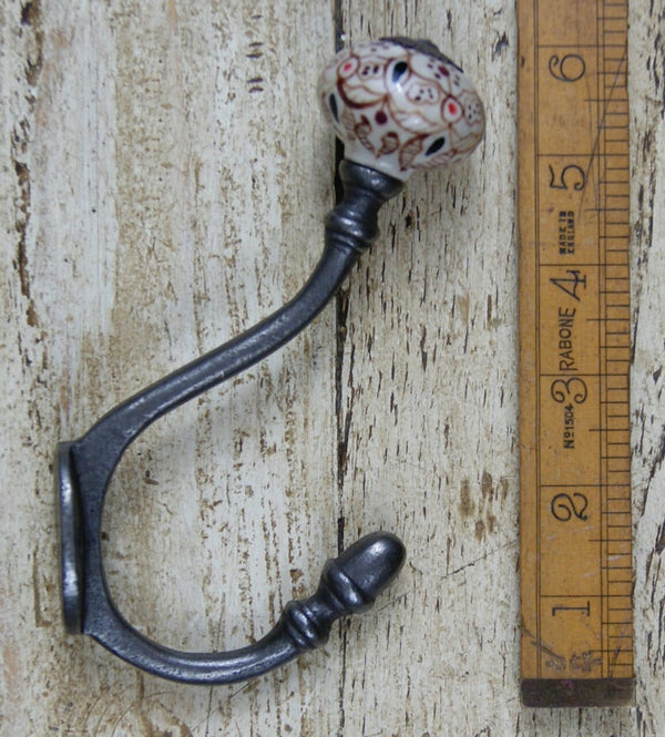 Coat Hook ALBANY Acorn Patterned Ceramic Top Antique Iron 150mm