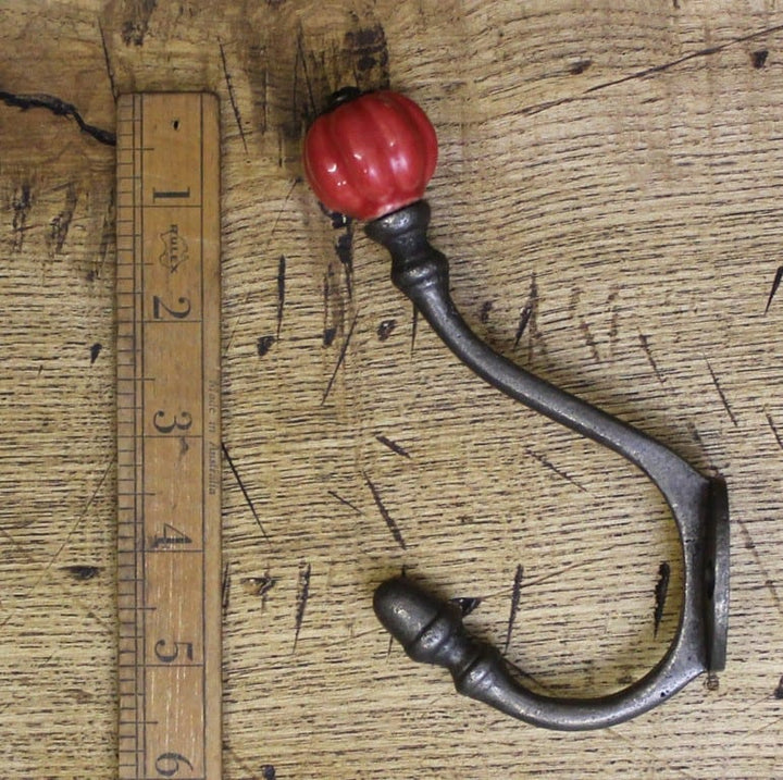 Coat Hook ALBANY Acorn Red Ceramic Shell Tip Antique Iron 125mm