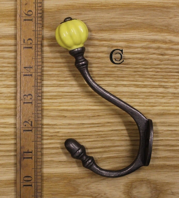 Coat Hook ALBANY Acorn Yellow Ceramic Shell Tip Antique Iron 125mm