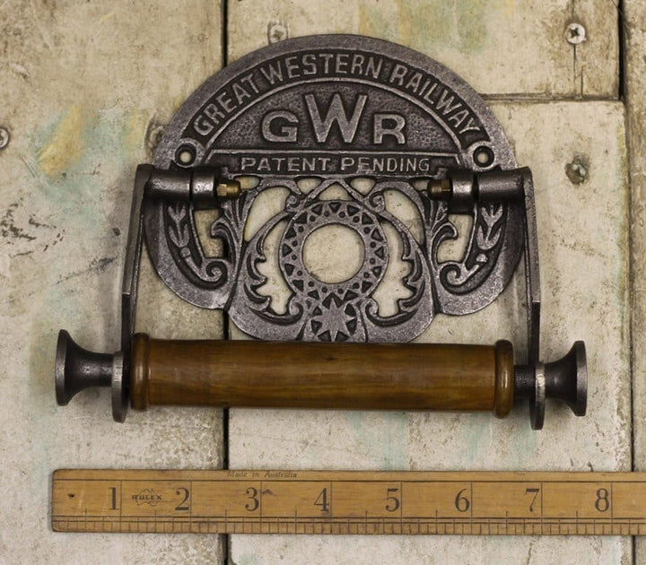 Toilet Roll Holder GWR Cast Antique Iron Wood 150mm