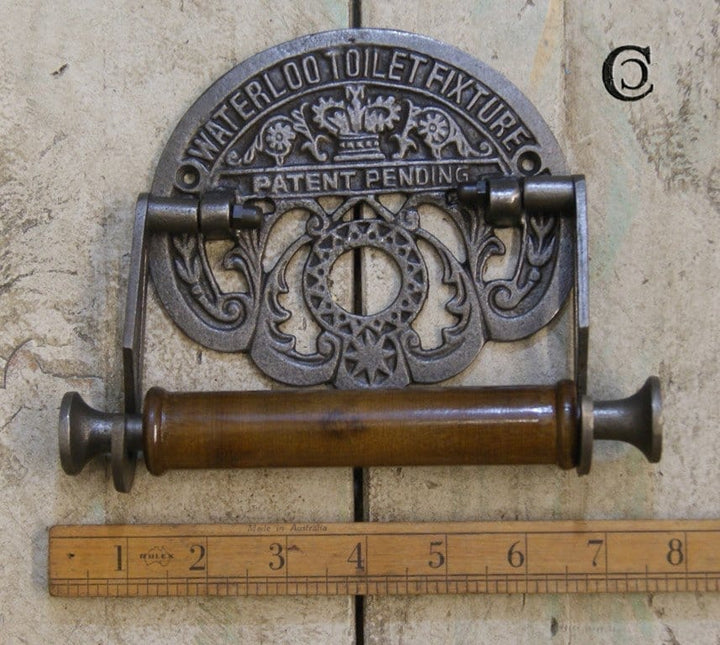 Toilet Roll Holder WATERLOO STATION Cast Antique Iron Wood 150mm