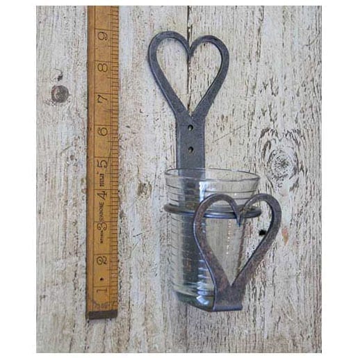 Candle Holder Glass Wall Mnt Heart Hand Forged Antique Iron 200mm