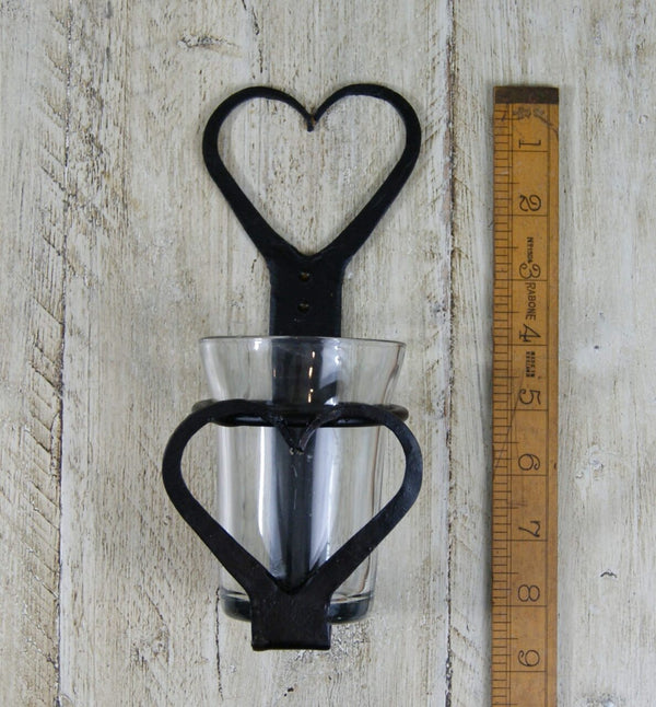 Candle Holder Glass Wall Mnt Heart Hand Forged Black Wax 200mm