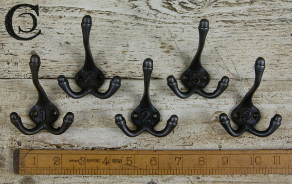 Triple Coat Hooks Cast Antique Iron Numbered 1-5