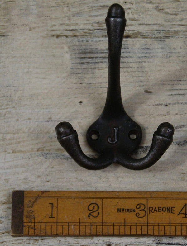 Hat Coat Hook Triple SMALL 'J' Cast Antique Iron 90mm