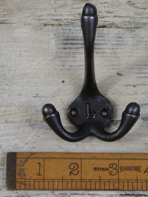 Hat Coat Hook Triple 'L' Cast Antique Iron 90mm