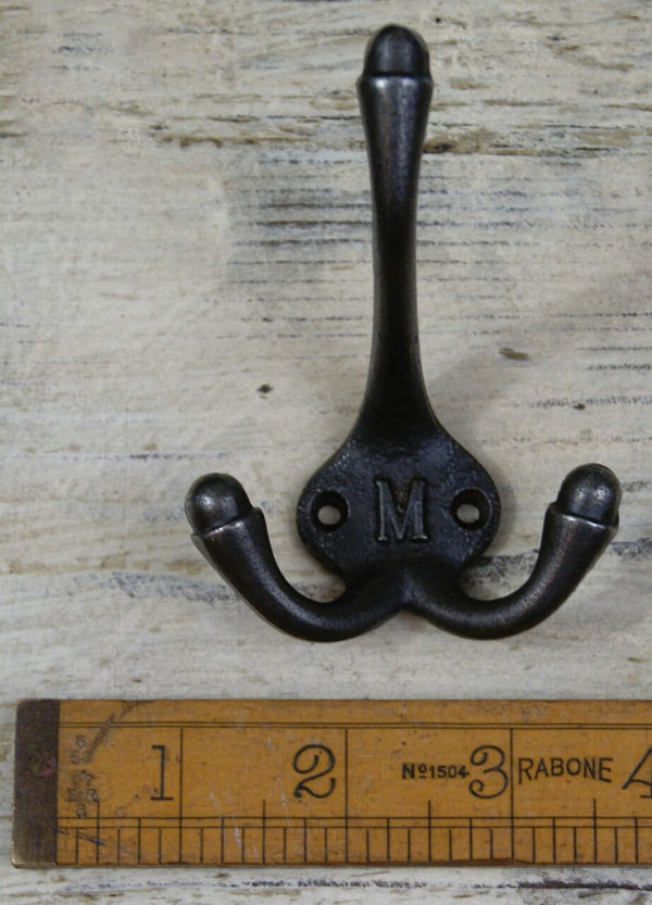 Hat Coat Hook Triple 'M' Cast Antique Iron 90mm