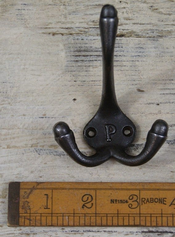 Hat Coat Hook Triple SMALL 'P' Cast Antique Iron 90mm