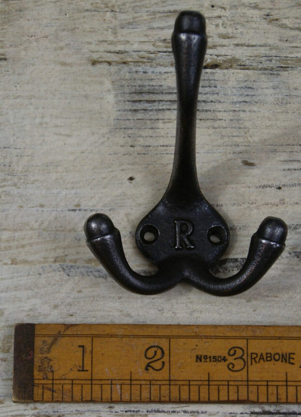 Hat Coat Hook Triple SMALL 'R' Cast Antique Iron 90mm