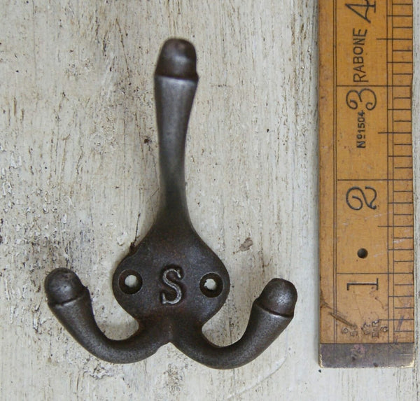 Hat Coat Hook Triple SMALL 'S' Cast Antique Iron 90mm