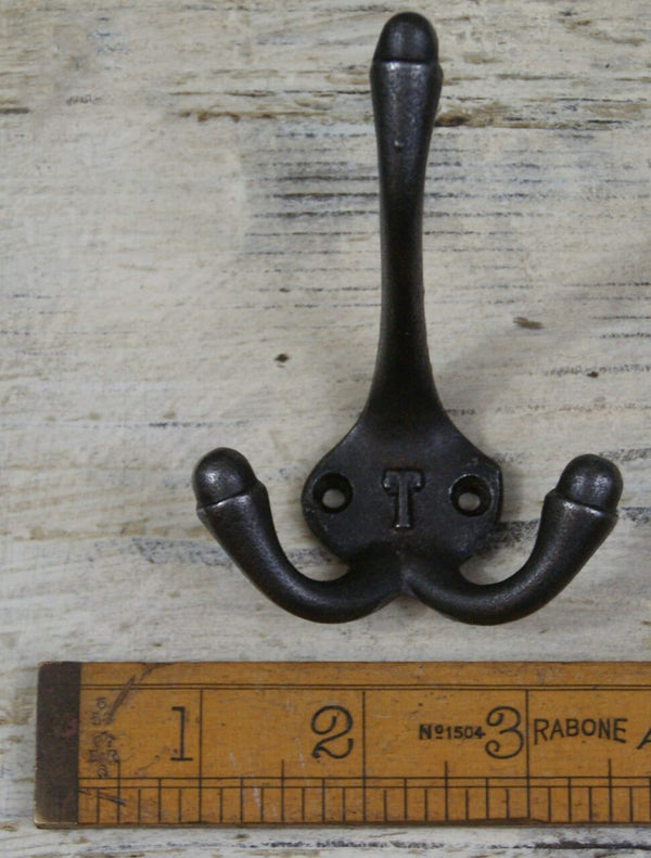 Hat Coat Hook Triple 'T' Cast Antique Iron 90mm