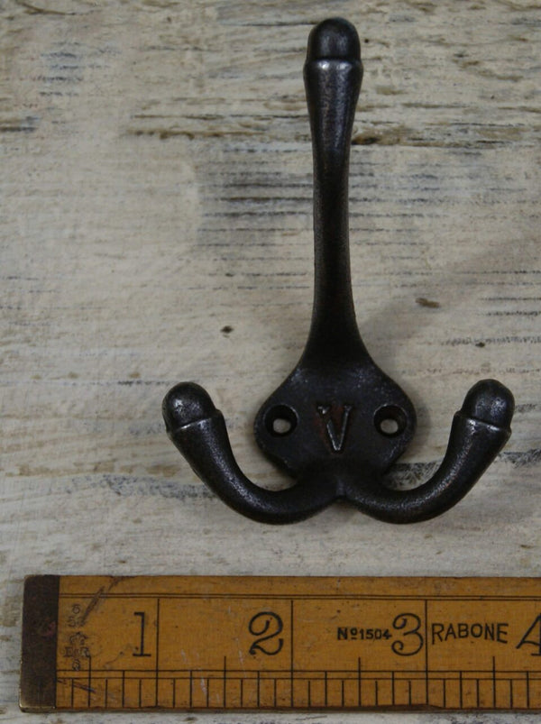 Hat Coat Hook Triple V Cast Antique Iron 90mm