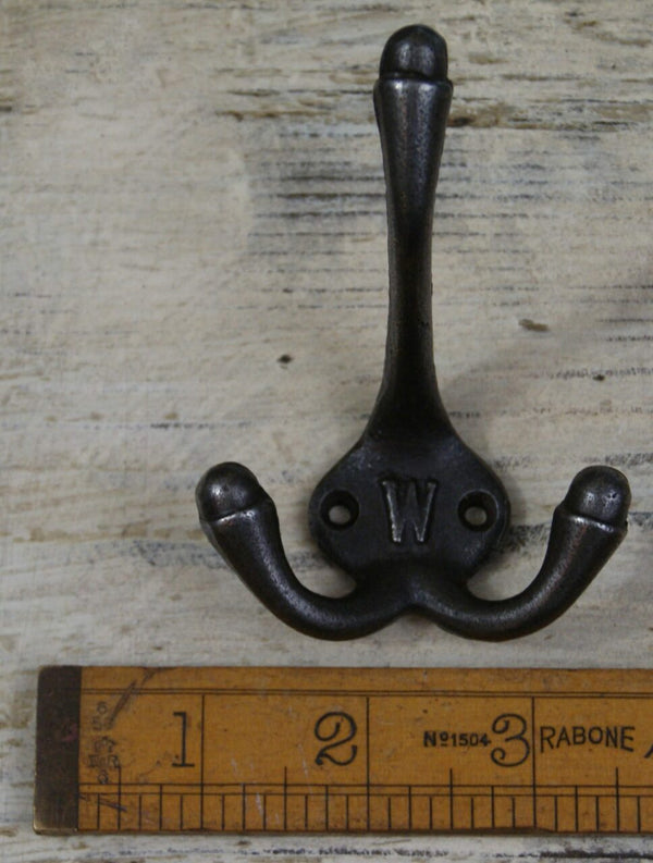 Hat Coat Hook Triple 'W' Cast Antique Iron 90mm