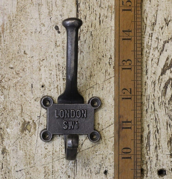 Coat Hook Double 2 Part Retro LONDON SW1 Antique Iron 120mmm