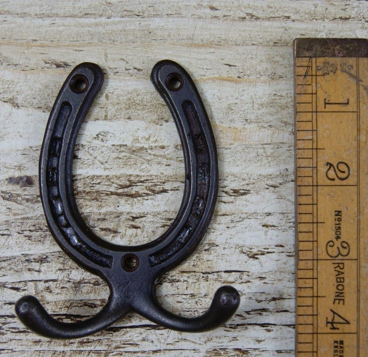 Horseshoe Coat Hook Double Robe Style Antique Iron 100mm x 75mm