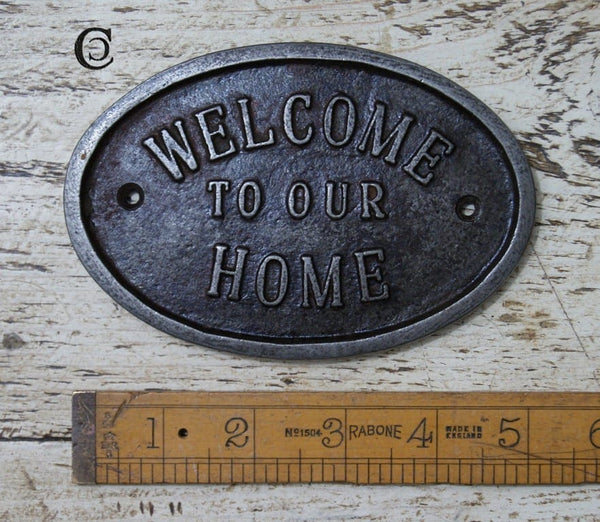 Plaque Oval WELCOME TO OUR HOME Cast Antique Iron 90mm x 133mm