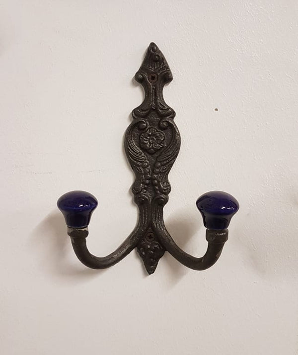 Hat Coat Hook FRENCH 2 x NAVY BLUE ceramic ball tops 6"