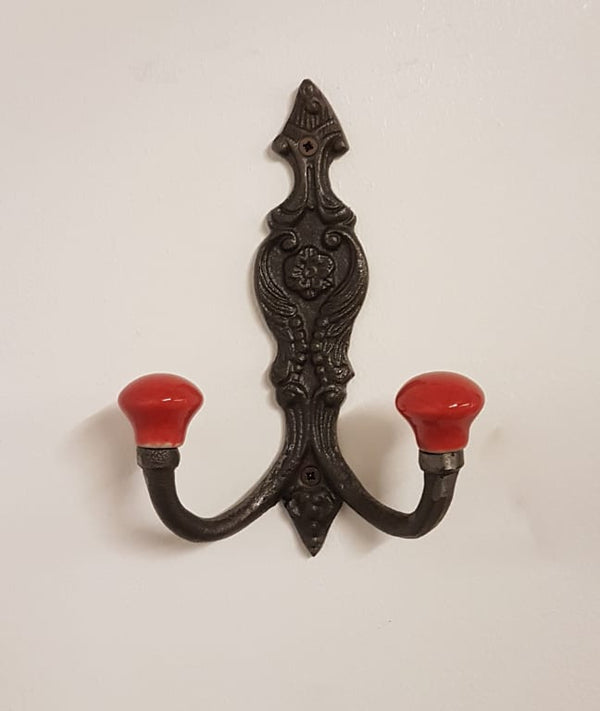 Hat Coat Hook FRENCH 2x RED ceramic ball tops 150mm