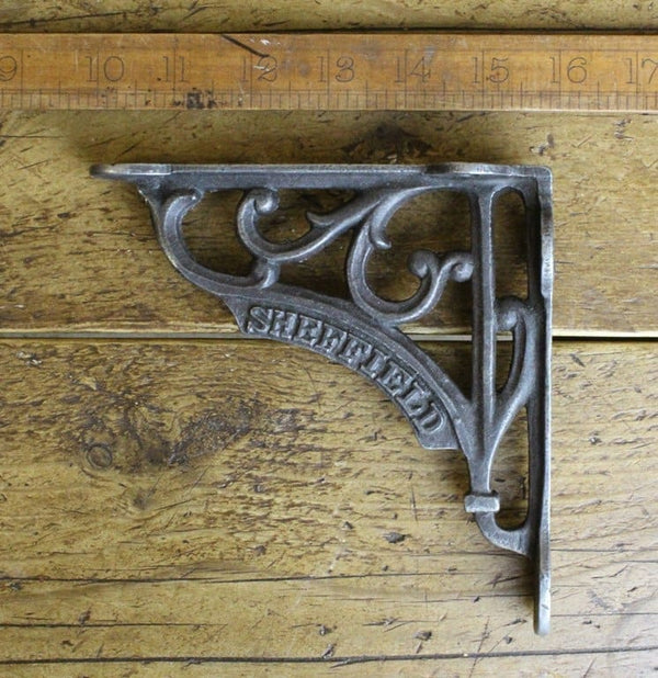 Shelf Bracket Victorian SHEFFIELD Text Antique Iron 152mm x 152mm