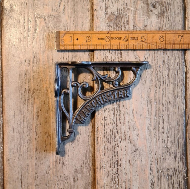 Shelf Bracket Victorian MANCHESTER Text Antique Iron 125mm x 125mm