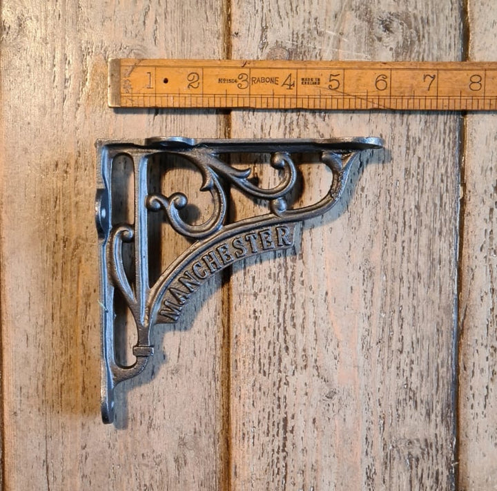 Shelf Bracket Victorian MANCHESTER Text Antique Iron 150mm x 150mm