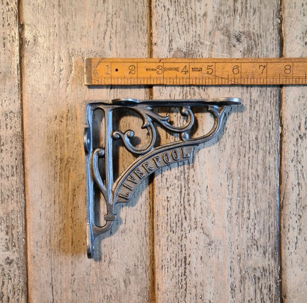 Shelf Bracket Victorian LIVERPOOL Text Antique Iron 150mm x 150mm