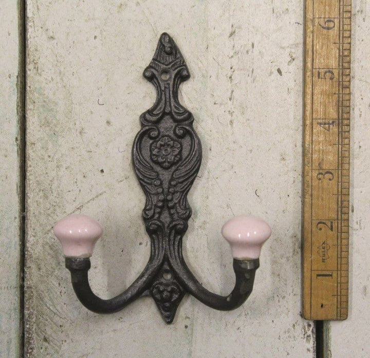 Hat Coat Hook FRENCH 2x SALMON PINK ceramic ball tops 150mm