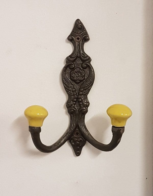 Hat Coat Hook FRENCH 2xMUST YELLOW ceramic ball tops 150mm