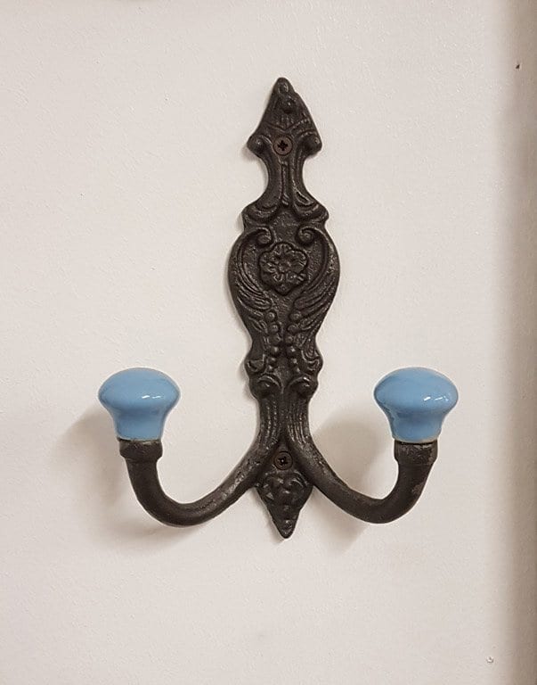 Hat Coat Hook FRENCH 2 x DUCK EGG BLUE ceramic ball tops 150mm