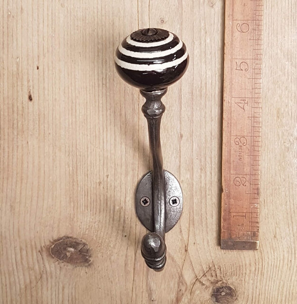 Coat Hook ALBANY BLACK/WHITE Ceramic Shell Tip Antique Iron 150mm