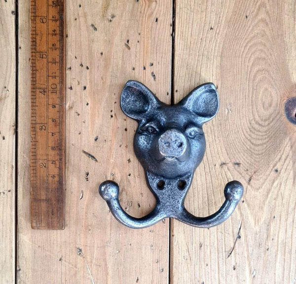 Coat Hook Double PIG FACE Cast Antique Iron 100mm x 100mm