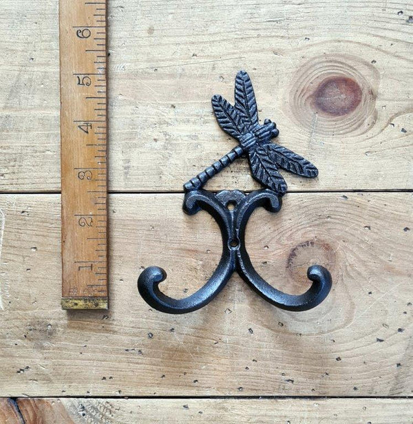 Coat Hook Double DRAGONFLY Antique Iron 100mm x 135mm high