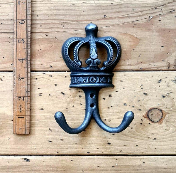 Double Robe Hook QUEEN'S CROWN Cast Antique Iron 100mm x 140mm High