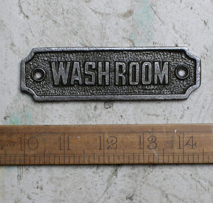 Plaque WASHROOM Cast Antique Iron 35mm x 180mm