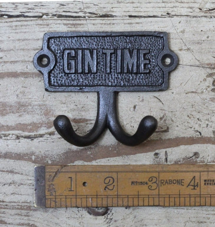 Plaque Robe Hook Double GIN TIME Cast Antique Iron 90mm