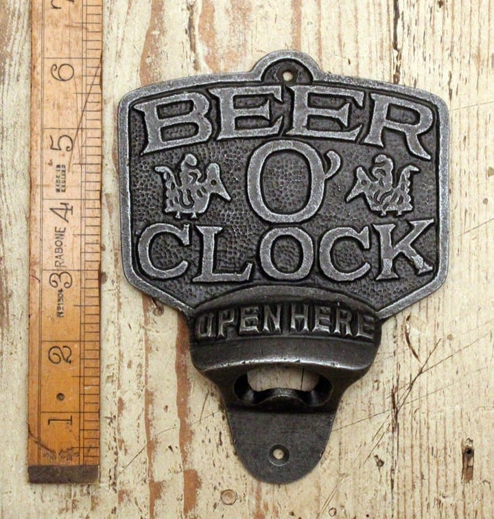 Bottle Opener Wall Mounted BEER O'CLOCK Cast Antique Iron