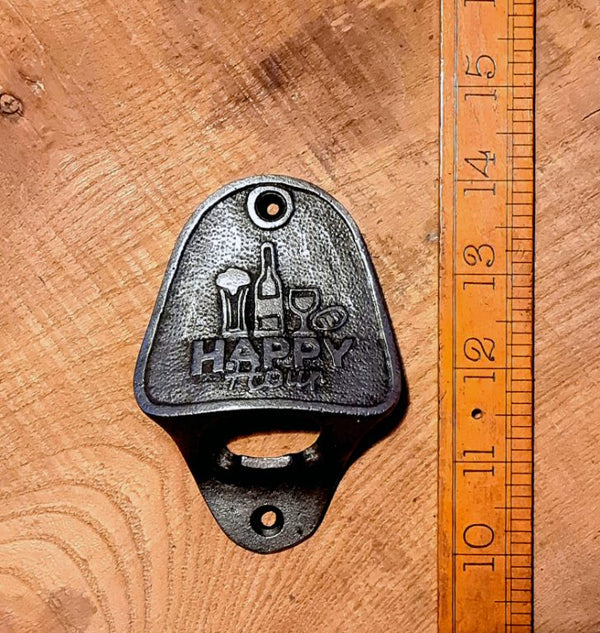 Bottle Opener Wall Mounted HAPPY HOUR Cast Antique Iron